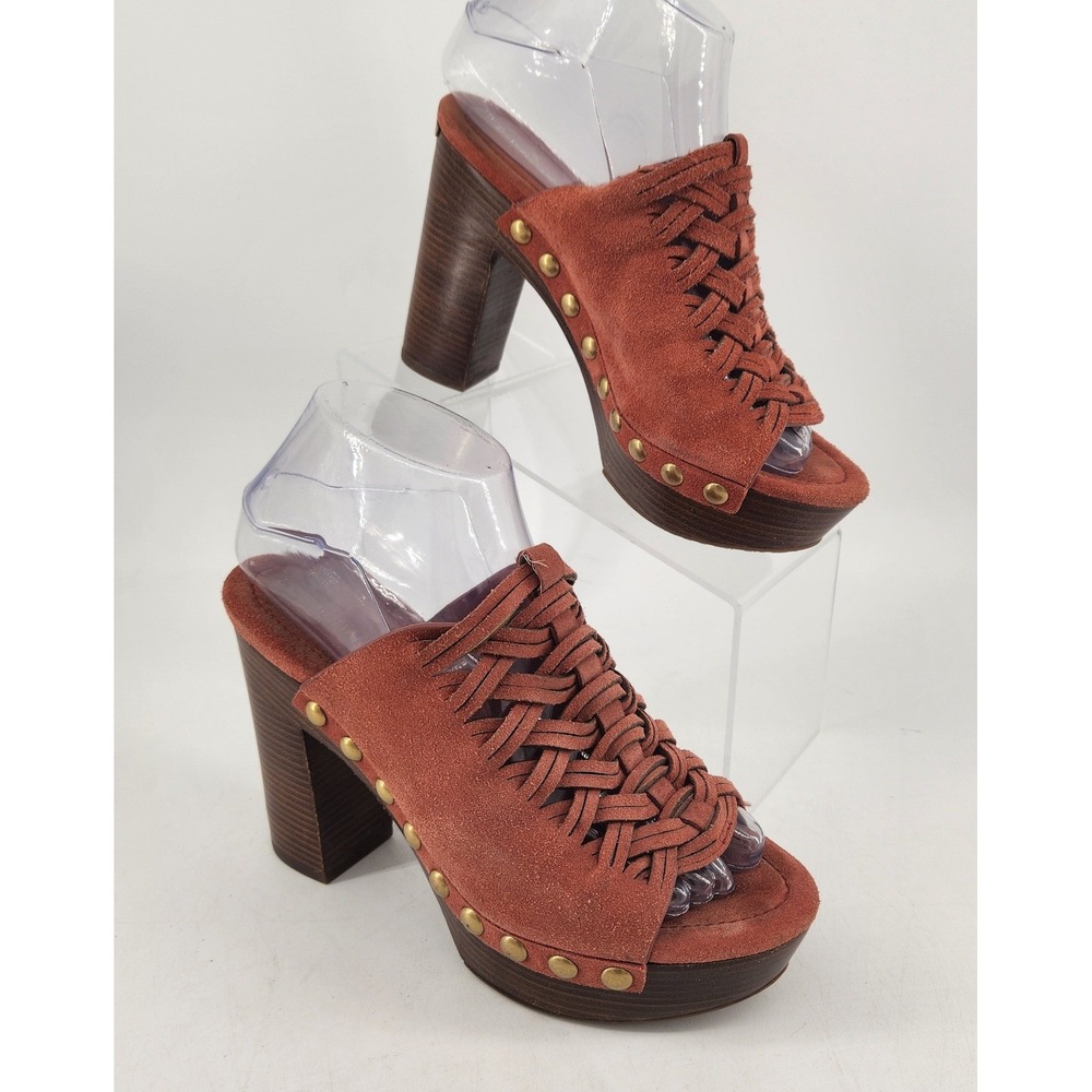 Michael Kors Westley Platform Mules Sz 6.5 Burnt Orange Suede Woven Studded Boho
